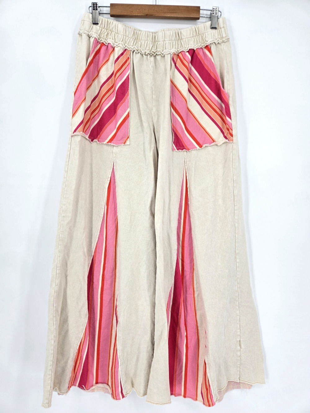 J Her Boho Mineral Washed Striped Flare Pants Taupe Pink Elastic Waist Size L
